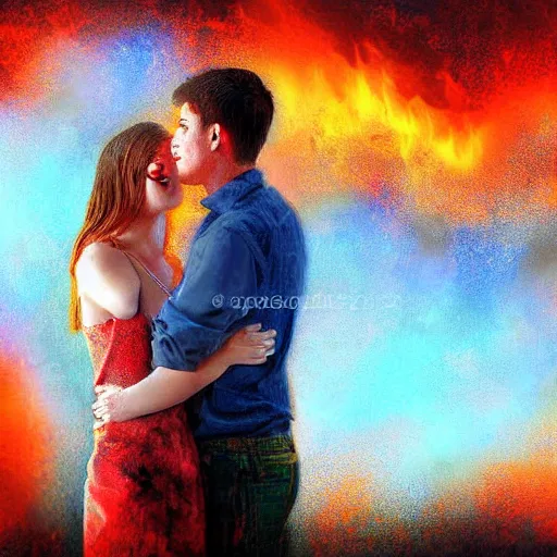 Prompt: young lovers looking into each others eyes while fire burns all around them, digital art high detail,