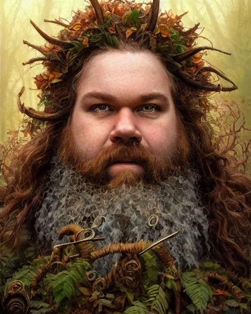 Image similar to patrick rothfuss as a forest druid with ram horns and leaves in his beard | highly detailed | very intricate | symmetrical | cinematic lighting | award - winning | closeup portrait | painted by donato giancola and mandy jurgens and magali villenueve | featured on artstation, promotional still