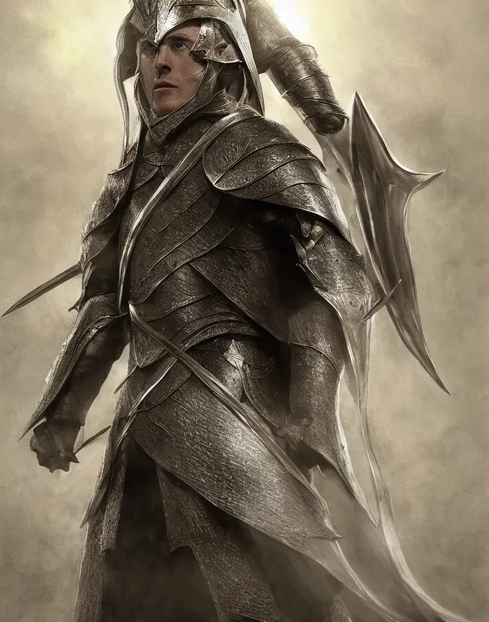 Image similar to A detailed realistic full body image of Steven Colbert in Lord Of The Rings human battle armor at the battle of Helm\'s Deep, gritty, ethereal hollywood film, high detail Impressionist style, dreamy light color palette, style of war, concept art stunning atmosphere, trending on artstation, volumetric light