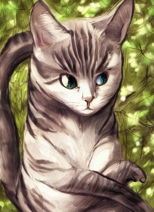 Image similar to beautiful cat, beautiful lightness, anatomically correct, trending on pixiv, forest