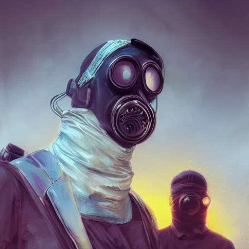 Prompt: Portrait of a Guy in a Gasmask, Cyberpunk city, street vendors, citizens, augmented cyborgs, robots, skyscapers, buildings, clouds, sunset, painted by seb mckinnon, high detail, digital art, trending on artstation