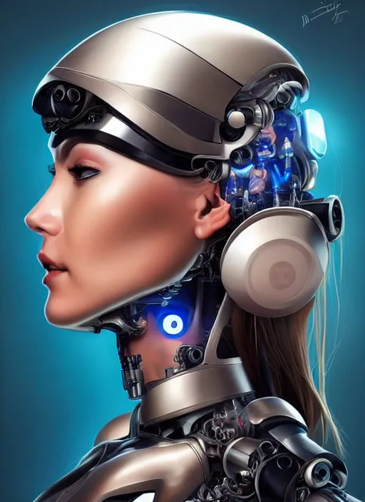 Image similar to portrait of a cyborg woman who turns her head to the ((((((right))))) left+10 (((((up))))) (((((down))))) by Artgerm,eyes closed , biomechanical, hyper detailled, trending on artstation