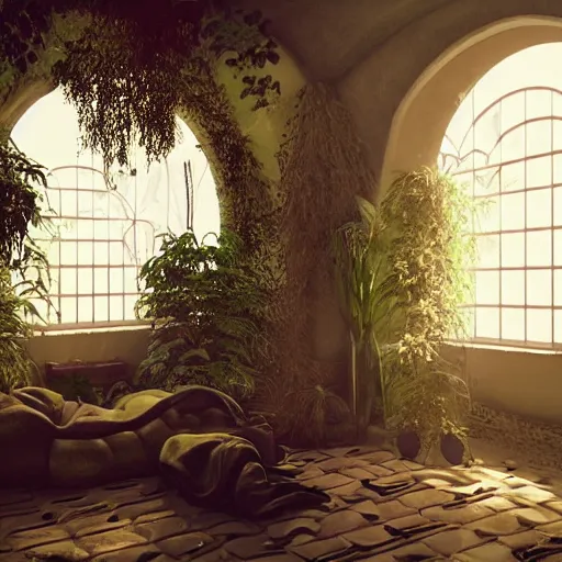 Image similar to 70s interior with arched windows, natural sunlight, summer, hanging plants, cinematic, cyberpunk, lofi, calming, dramatic, fantasy, by zdzisław beksiński, Fantasy LUT, high contrast, epic composition, sci-fi, dreamlike, surreal, angelic, cinematic, 8k, unreal engine, hyper realistic, fantasy concept art,