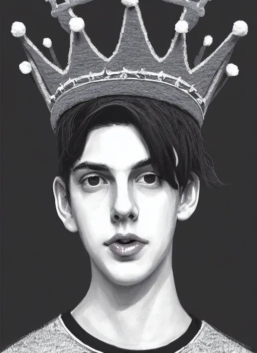 Image similar to portrait of teenage jughead jones wearing a light grey crown, photorealistic, crown made of fabric, crown, crown made of felt, black hair, intricate, elegant, highly detailed, digital painting, glowing lights, artstation, concept art, smooth, sharp focus, illustration, art by wlop, mars ravelo and greg rutkowski