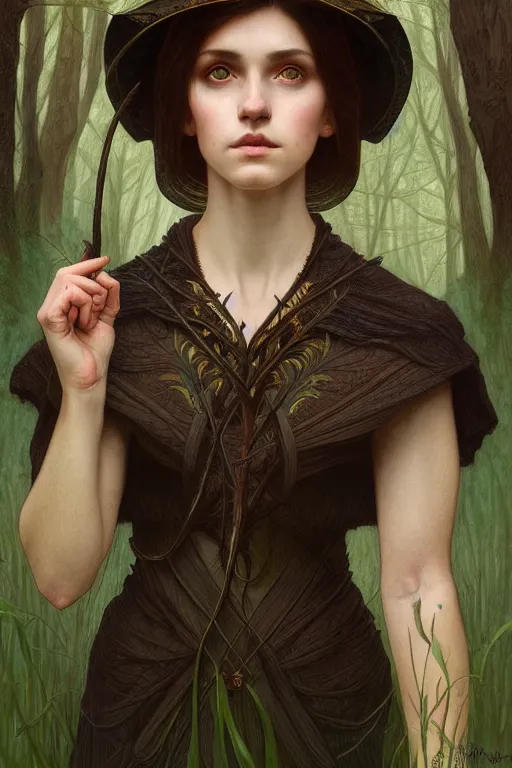 Prompt: symmetry portrait of welsh brunette witch student in mans tunic, tomboy, short hair, forest, magic, intricate, elegant, highly detailed, digital painting, artstation, concept art, smooth, sharp focus, illustration, art by artgerm and greg rutkowski and fra angelico and alphons mucha