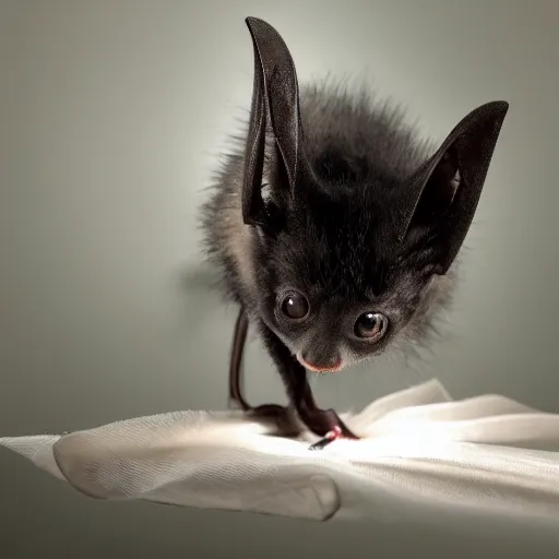 Image similar to a long exposure shot of a bat kitten working on a readymade object, archival pigment print