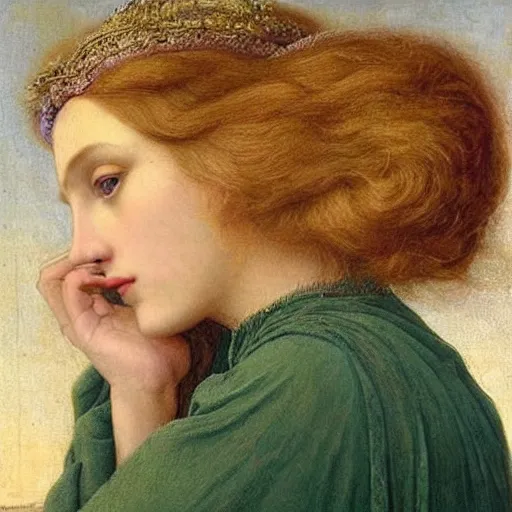 Prompt: The woman is very beautiful, she has a refined nose, plump lips, she is blonde Pre-Raphaelite style