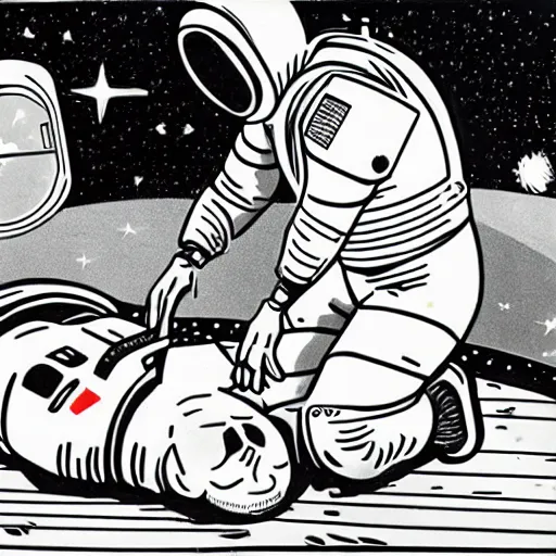 Image similar to astronaut performing CPR, on an injured astronaut, in orbit, 1950s cartoon style