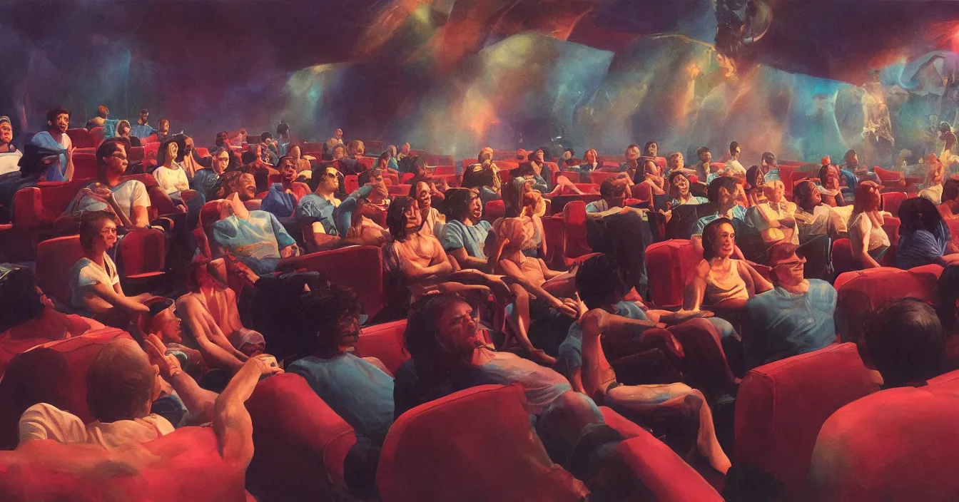 Prompt: rear view of the seated souls in the cinema and watching volumetric light of consciousness projecting their lives in front of them on the big screen, realistic, deep sense of spirituality, visual plasticity, unreal engine quality, raytracing, vray shading, style of earl norem