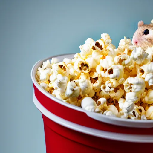 Image similar to photo of a hamster, swimming inside a bucket of popcorn, various poses, unedited, soft light, sharp focus, 8 k