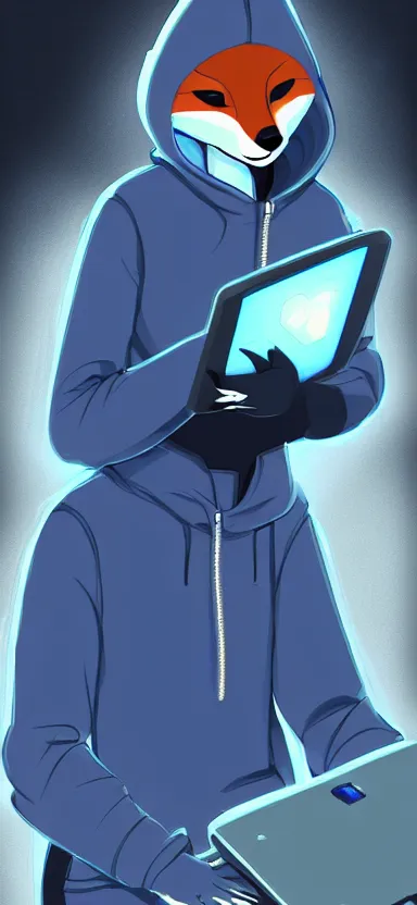 Prompt: a concept art of anthropomorphic fox in a blue hoodie hacking a portable computer, artstation, digital art, oc commission, style by studio gainax