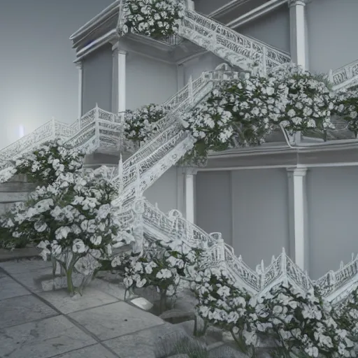 Prompt: stairways to heaven, white flowers, photorealistic, octane render, intricate detail, volumetric lighting, 8 k, unreal engine