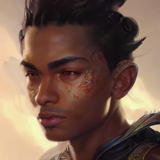 Image similar to beautiful, strong, mixed race, male, face, head shot, fantasy, highly detailed, digital painting, artstation, concept art, smooth, sharp focus, illustration, art by artgerm and greg rutkowski and alphonse mucha