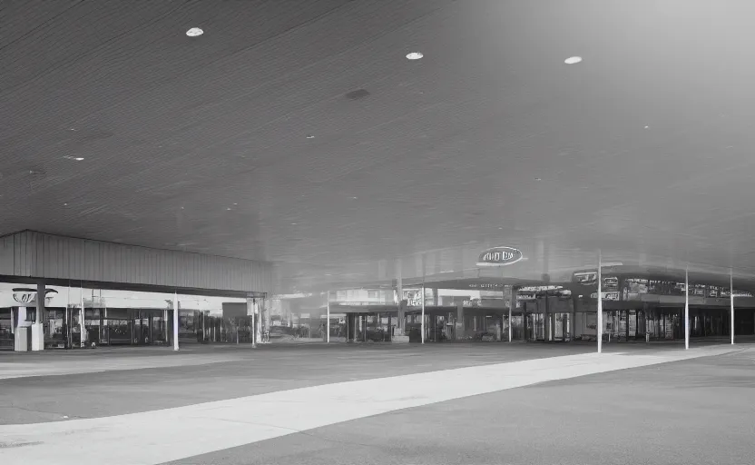 Image similar to wide exterior of the port byron travel plaza bus station in upstate buffalo new york, moody scene directed by charlie kaufman ( 2 0 0 1 ), anamorphic lenses, kodak color film stock, foggy volumetric light morning, cinematic trending on artstation