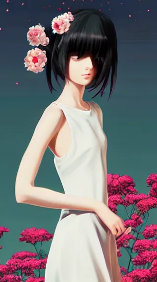 Prompt: little girl with her long black hair dressed in a simple white dress putting flowers on hair, anime art style, digital artwork made by ilya kuvshinov, inspired in balthus, hd, 4 k, hyper detailed