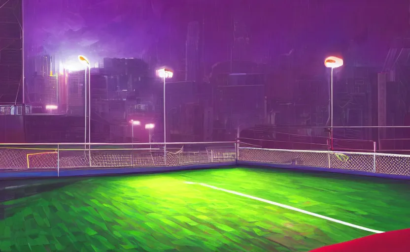 Prompt: sports field on rooftop, neon spot lights, highly detailed, digital painting, artstation, concept art, sharp focus, illustration