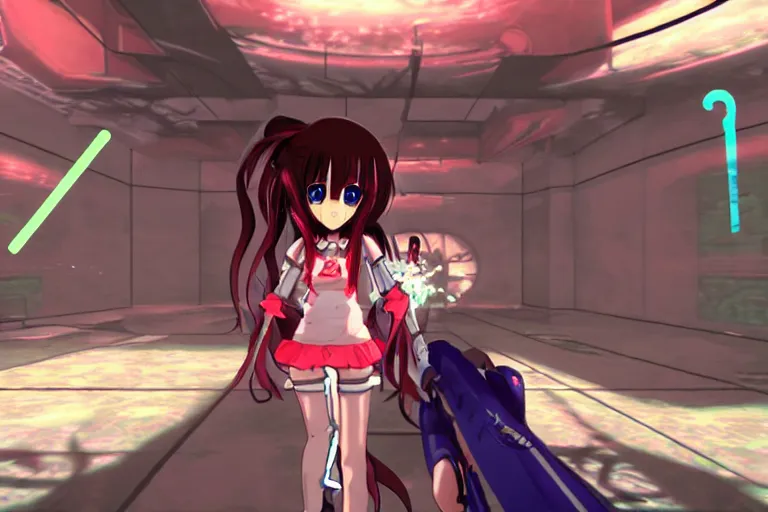 Image similar to an anime girl in a screenshot of the video game doom!!!!!!!, the anime girl is running