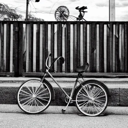Prompt: a bicycle leaning on a fence, hyper realistic black and white drawing, 4k,