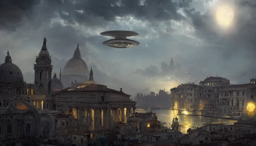 Image similar to a gargantulan alien ufo high tech spaceship eerily hovering on italy venice city landscape with beautiful temples by greg rutkowski, artgerm, ross tran, magali villeneuve, intricate, time travel theme, audince in awe, spectacle, audience sorrounding, award winning, octane render, masterpiece, 8 k, beautiful