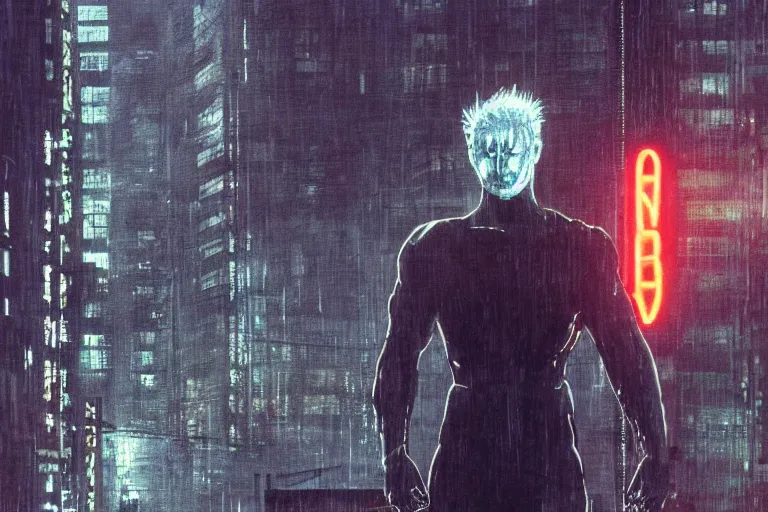 Image similar to roy batty with a bare torso sits in the lotus position with his head bowed in the rain on the roof of a building in the cyberpunk future, around neon signs, a little haze, night, realistic proportions, anime style ghost in armor