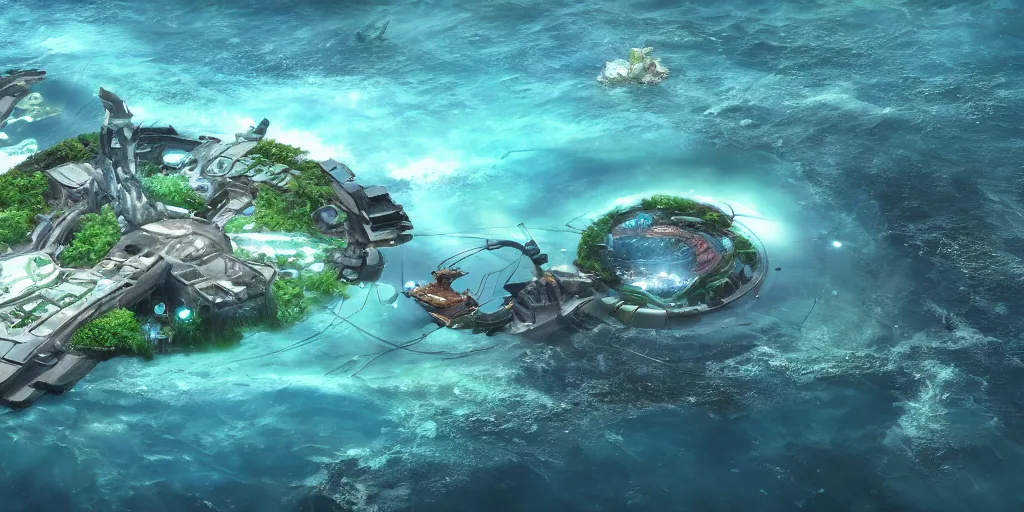 Image similar to circular floating ocean settlement, low angle view, fusion of subnautica and star trek, by noriyoshi ohrai, soft natural volumetric lighting, beautifully detailed 4 k octane render, 4 k post processing