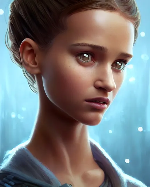 Image similar to weta disney pixar movie still head and torso portrait photo of young alicia vikander as thoughtful cyborg girl by pixar, by weta, wlop, ilya kuvshinov, rossdraws, artgerm, latex, iridescent, bright morning, anime, liosh, mucha