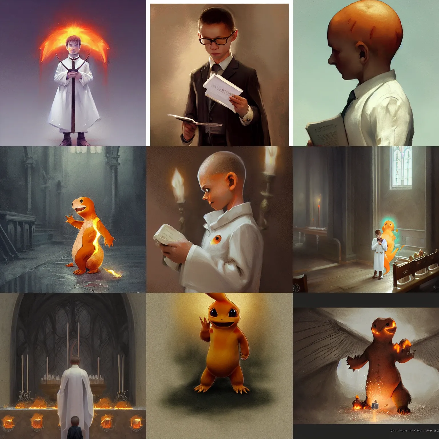 Prompt: charmander in his first communion, art by greg rutkowski, intricate, elegant, highly detailed, smooth, sharp focus, artstation