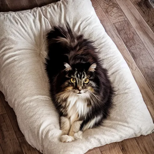 Image similar to very cute huge giant large calico main coon on tiny bed, stunning eyes, top-down perspective, cinematic lighting, award winning creature photography