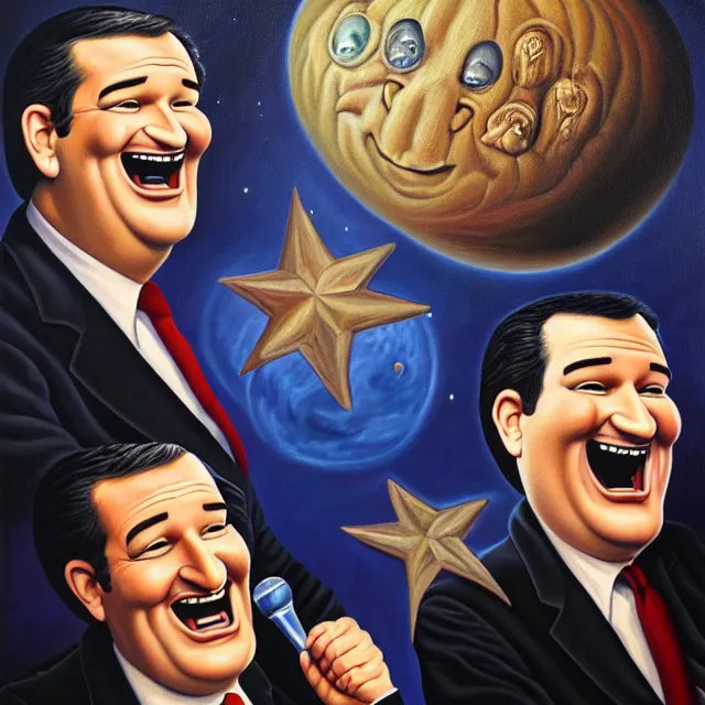 Prompt: an oil on canvas portrait painting of ted cruz telling a joke about the the republican party, surrealism, surrealist, cosmic horror, rob gonsalves, high detail