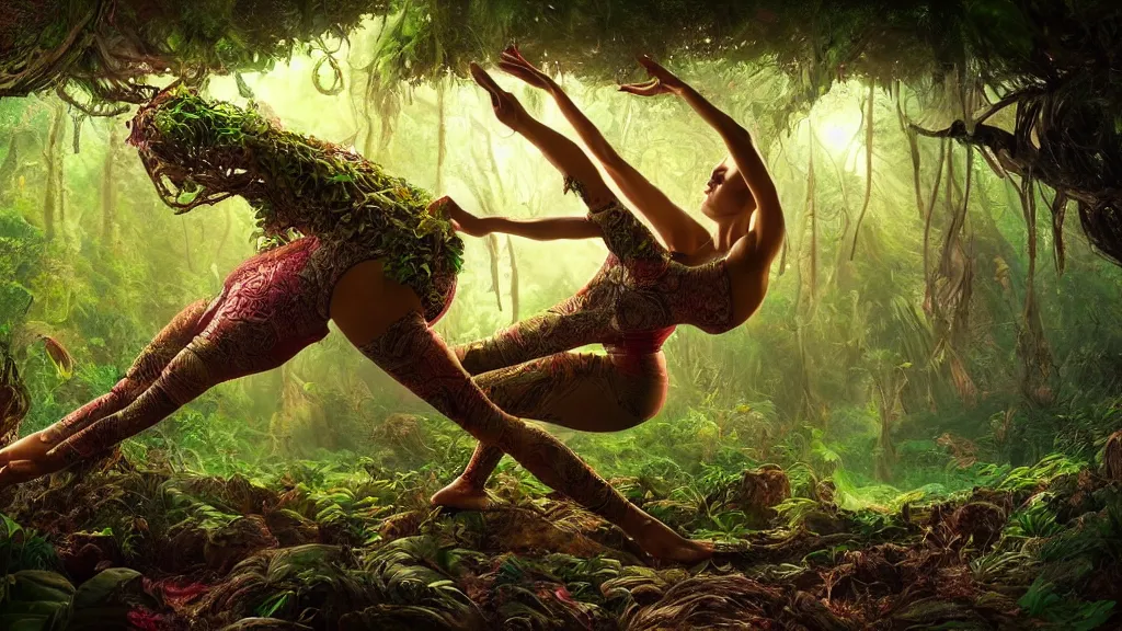 Prompt: a stunning wide angle view a slim woman doing impossible yoga poses in a fantasy dream jungle, highly detailed tree roots, artistic composition, sharp focus, intricate concept art, digital painting, colorful flat surreal design, dramatic lighting