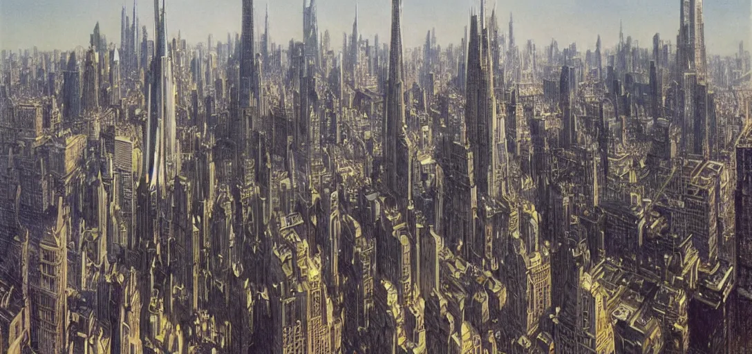 Prompt: A futuristic landscape of New York City with domes and very tall buildings in the year 2050 by Alan Lee