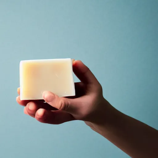 Image similar to a hand holding up a hand made scented bar of soap with a ribbon around it, soap shop in the background, studio advertising photography