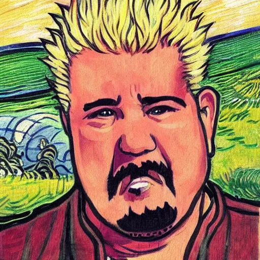 Prompt: sad ominous painting of guy fieri sitting in a field at night, in the style of studio ghibli and moebius and claude monet and vincent van gogh