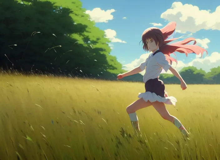 Prompt: a film still portrait of a young girl running in the grassy fields, finely detailed features, closeup at the faces, perfect art, at grass fields, gapmoe yandere grimdark, trending on pixiv fanbox, painted by greg rutkowski makoto shinkai takashi takeuchi studio ghibli, akihiko yoshida