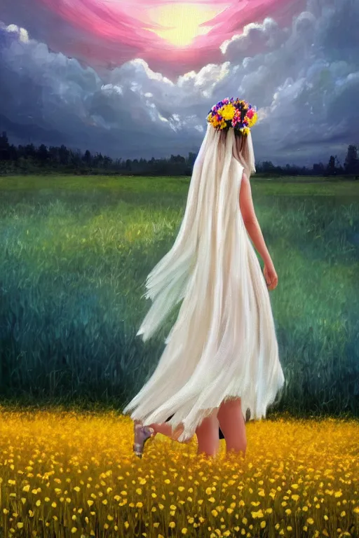 Image similar to giant white daisy flower crown head, veil girl walking in a flower field, surreal photography, sunrise, dramatic light, impressionist painting, colorful clouds, digital painting, artstation, simon stalenhag