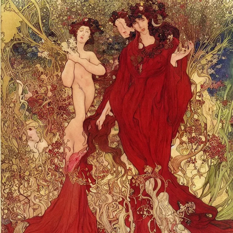 Image similar to There is a woman in a red dress, with white hair on a golden background, with pink flowers Anton Pieck,Jean Delville, Amano,Yves Tanguy, Alphonse Mucha, Ernst Haeckel, Edward Robert Hughes,Stanisław Szukalski and Roger Dean