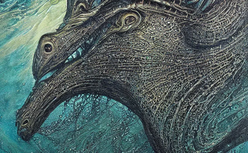 Image similar to a close up of a painting of a Kelpie underwater, an ultrafine detailed painting by John Howe, by György Vastagh, by Jeffrey Smith, behance contest winner, space art, acrylic pour, lovecraftian, cosmic horror, biomorphic, hyper realsim