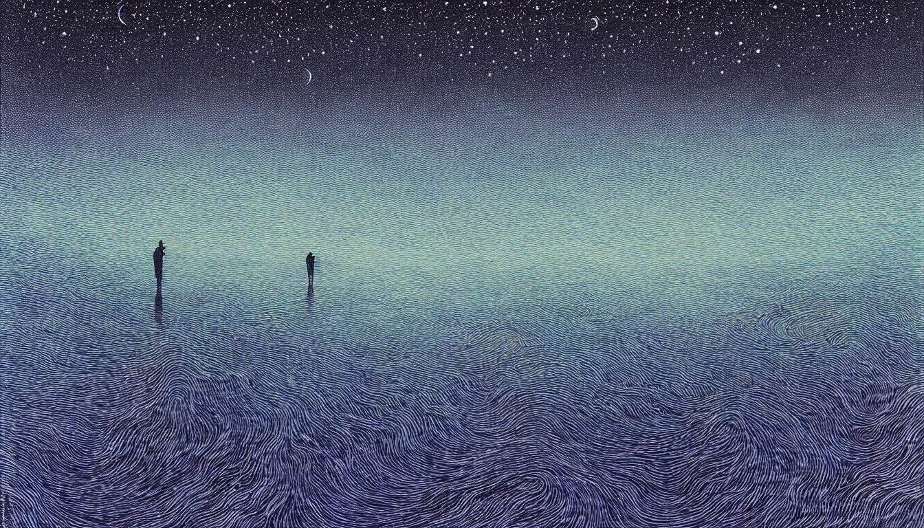 Prompt: standing at the edge of a lake looking at reflections of the night sky by nicolas delort, moebius, victo ngai, josan gonzalez, kilian eng