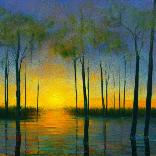 Image similar to sunrise in the everglades, oil painting, minimalist, digital art, 8 k photo