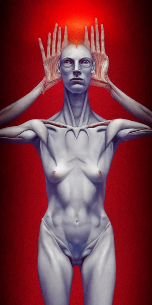 Image similar to poster design, full body anatomical model, 3 d photographic render of a deconstructed asymmetric human anatomical correct human body, in hoc signo vinces, waterfall, in the style of leonora carrington, gottfried helnwein, intricate composition, blue light by caravaggio, insanely quality, highly detailed, masterpiece, red light, artstation