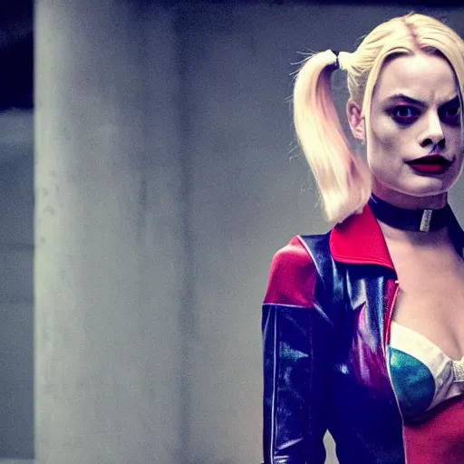Prompt: Margot Robbie as real-life Harley Quinn, cinematic, Wide-shot, atmospheric lighting, directed by Ti West, extreme detail, 8K, movie still