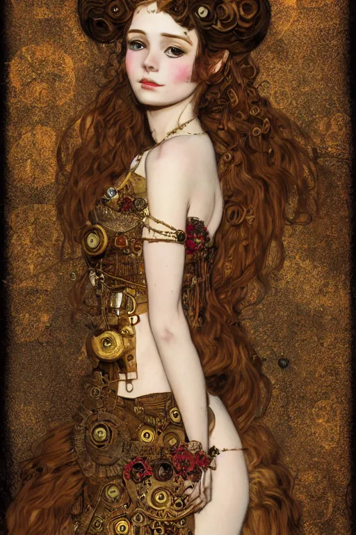 Image similar to beautiful young maiden, steampunk, highly detailed, artstation, illustration, art by Gustav Klimt