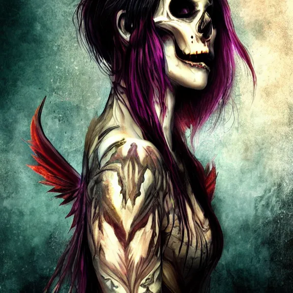 Image similar to Morrigan, cinematic flavor, rich decaying colors!, digital painting, skull liminal void background, a real picture taken by skull