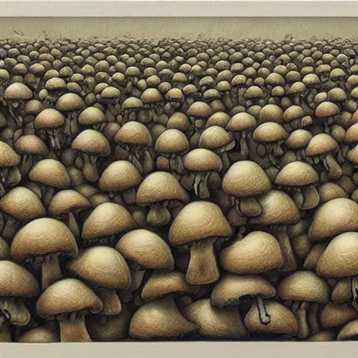 Image similar to a hyperrealistic painting of an army of angry mushrooms, by john kenn mortensen, highly detailed,