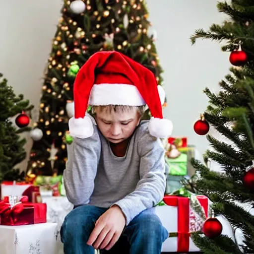 Prompt: a kid at christmas disappointed and sad that his present was a giant moai statue, his hands buried in his face, sitting down. | inside of a house next to a christmas tree, large present in the back