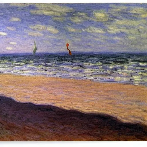 Image similar to Nostalgic beach which is bright up close and dark far away, with two people floating on the sand, by claude monet