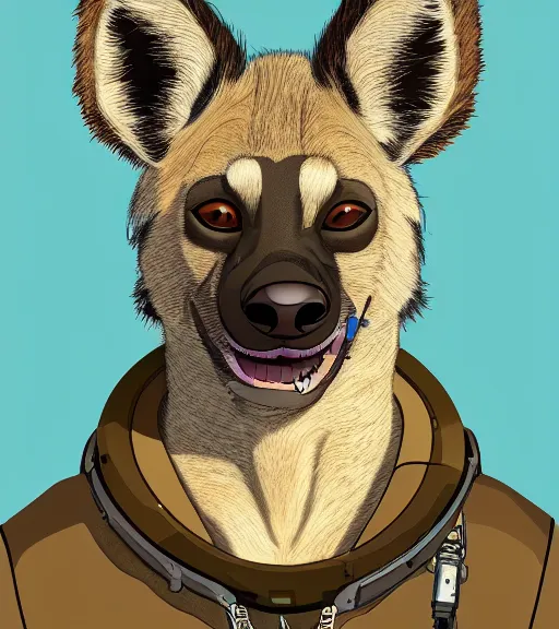 Image similar to digital detailed portrait of anthromorphic female hyena, in style of zootopia, fursona, furry, furaffinity, 4 k, deviantart, wearing astronaut outfit, in style of disney zootopia, floating in space, space background, in deep space, dark background, hyena fursona, cyberpunk, female, detailed face,