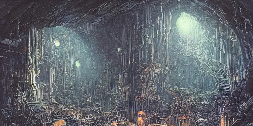 Prompt: Bruce Pennington illustration of a dark sci-fi mining cave, deep and complex, research outpost, highly detailed, nostalgic spooky atmosphere,