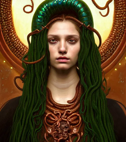 Image similar to portrait of alopecia spanish teen medusa, snakes grow from her head, wearing an embroidered rusty tunic, dark background, intricate, elegant, copper and emerald jewelry, glowing lights, highly detailed, digital painting, artstation, concept art, smooth, sharp focus, illustration, art by wlop, mucha, artgerm, and greg rutkowski