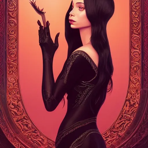 Image similar to zoe kravitz as morticia addams, masterpiece, intricate, elegant, highly detailed, digital painting, artstation, concept art, smooth, sharp focus, illustration, art by artgerm and greg rutkowski and alphonse mucha and uang guangjian and gil elvgren and sachin teng, symmetry!!